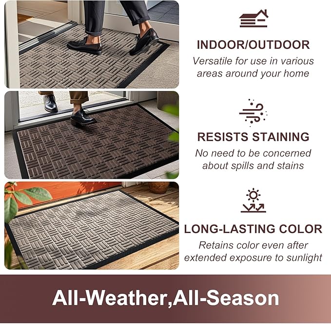 Mibao Front Door Mat, Heavy Duty Durable Welcome Mat for Outdoor Indoor, Dirt Trapper Waterproof Super Absorbent Door Mat for Entryway Outside Patio Porch, 35.5" x 24", Coffee