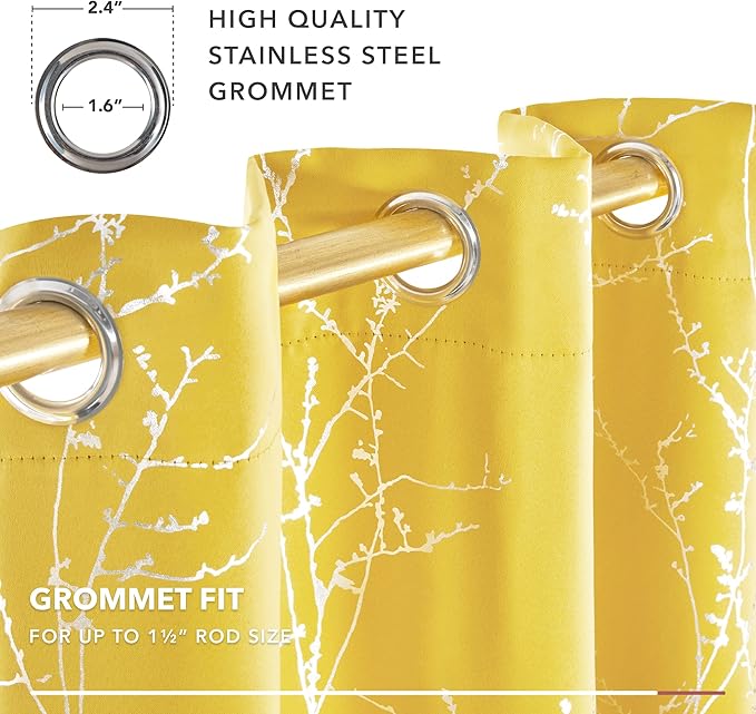 Deconovo Blackout Curtains Yellow, 52 x 84 Inch 2 Panels Set Drapes for Living Room, Modern Silver Tree Print Pattern, Thermal Insulated Soundproof Window Panel for Bedroom Office, Machine Washable