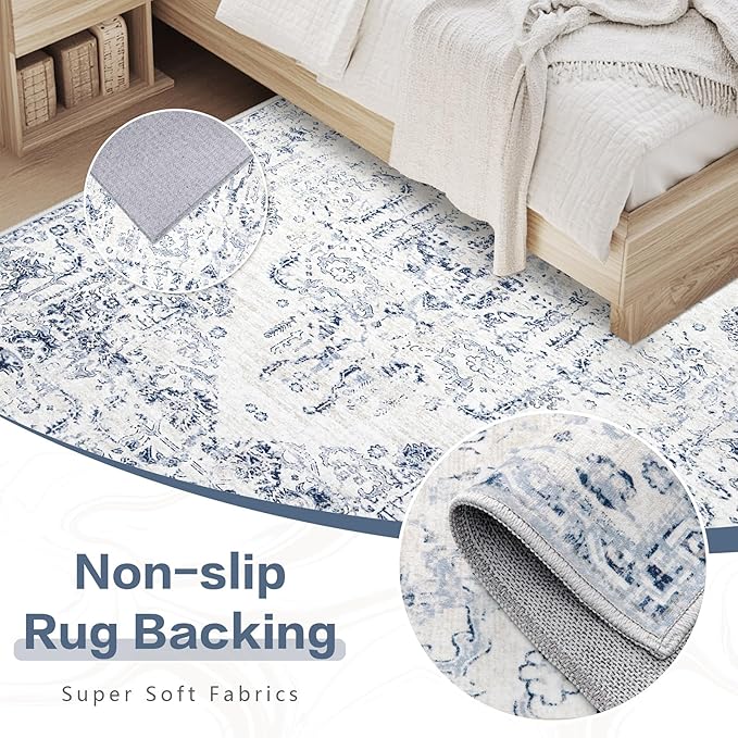 5x7 Area Rugs for Living Room: Washable Rug Vintage Large Rugs Soft Non Slip Low Pile Rug Floral Distressed Floor Carpet for Bedroom Kitchen Nursery Dining Room Home Office (Blue, 5'x7')
