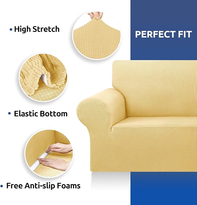 KEKUOU Stretch Sofa Cover Slipcover ，Couch Covers for 3 Cushion Couch Sofa pet Friendly (78"-94") Furniture Protector Sofa with Elastic Bottom for Kids,Dog, Jacquard Small Checked(Large,Champagne)