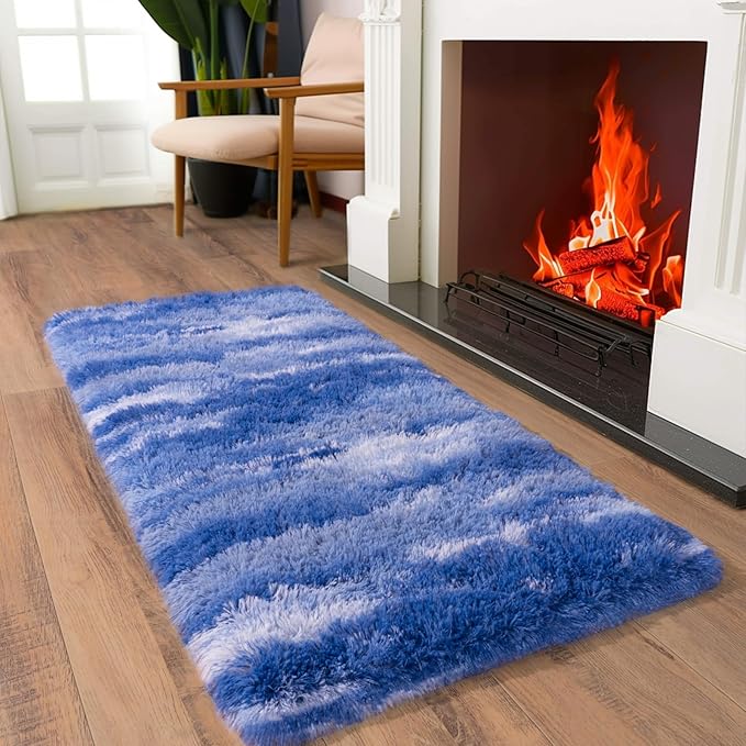 Soft Runner Rugs for Bedroom Hallways, 2x4 Abstract Blue White Fluffy Shag Throw Area Rug Non Slip for Bedside Dorm, Long Shaggy Furry Carpet for Nursery Living Room