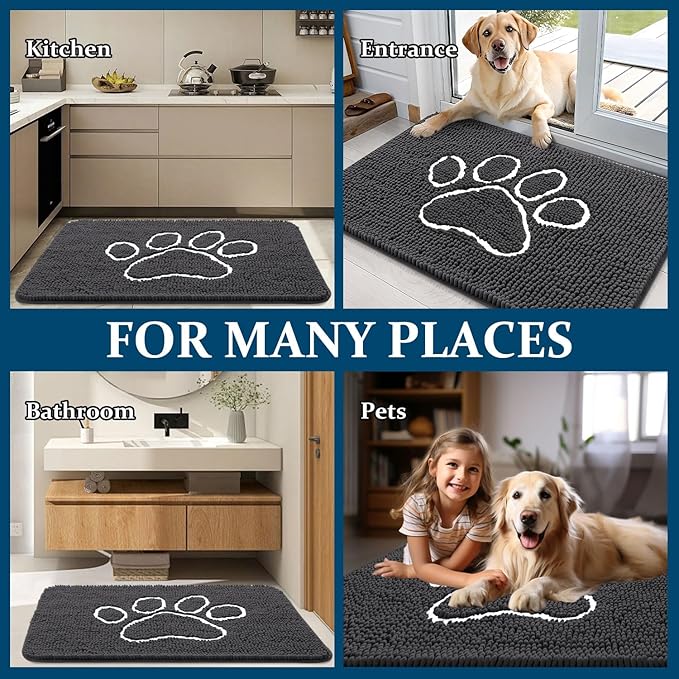 OLANLY Dog Door Mat for Muddy Paws 59x20, Paw Print Design, Absorbs Moisture and Dirt, Absorbent Non-Slip Washable Doormat, Quick Dry Chenille Mud Mat for Dogs, Entry Indoor Entryway Carpet, Dark Grey