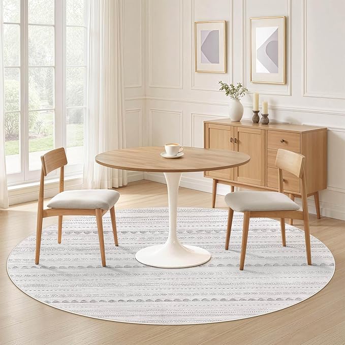 Nakagishi Round Rug Boho Area Rugs: 6x6 Washable Large Circle Neutral Soft Stain Resistant Non-Slip Carpet for Women Aged 25-45 Farmhouse Decor Enthusiasts - Living Room Bedroom Dining Room Nursery