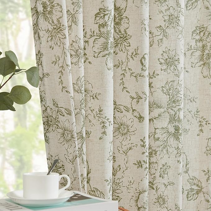 jinchan Linen Blend Floral Curtains for Living Room 90 Inch Length Farmhouse Printed Curtain Rod Pocket Back Tab Sage Green Peony Flower Patterned Drapes Bedroom Curtains Set 2 Panels
