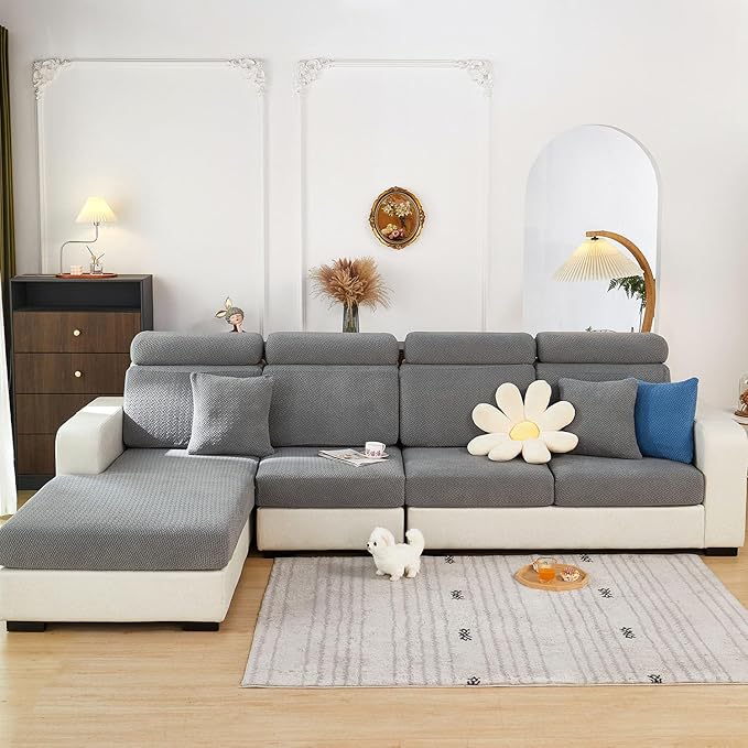 Sofa Covers Couch Covers for Sofa Pet Friendly Couch Cushion Covers Universal Sofa Covers Washable Stretch Slipcovers for Sectional Sofa (Texture Gray, 2 Seats + Chaise Cover)