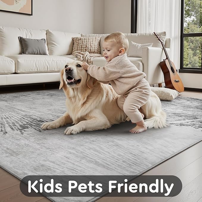 5x7 Area Rugs for Living Room-Machine Washable Rug Ultra Soft Non Slip Area Rug Modern Abstract Dahlia Indoor Carpet Rugs for Bedroom Dining Room Playroom Nursery Bedside Office, Grey