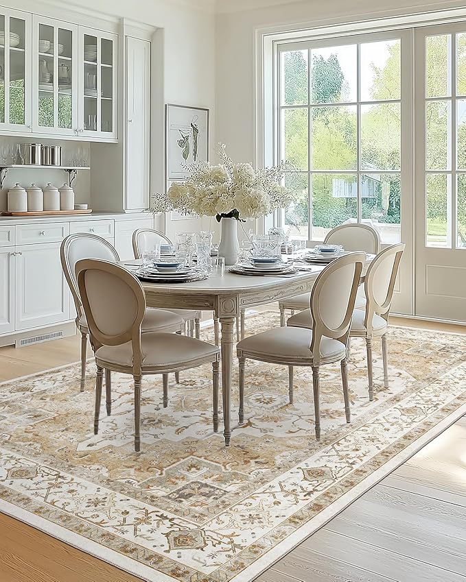 AMADA HOMEFURNISHING 6x9 Area Rugs, Beige Washable Rug Low-Profile with Non-Slip Backing & Durable Edge Binding, Vintage Rugs for Living Room, Bedroom, Dinning Room