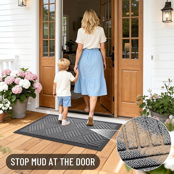 OLANLY Front Door Mat Outside Entrance 59x34, Absorbent, Heavy Duty Sturdy Natural Rubber Doormat Indoor Outdoor, Stain and Fade Resistant, Non-Slip Low Profile Floor Mat for Entryway, Grey Diamond