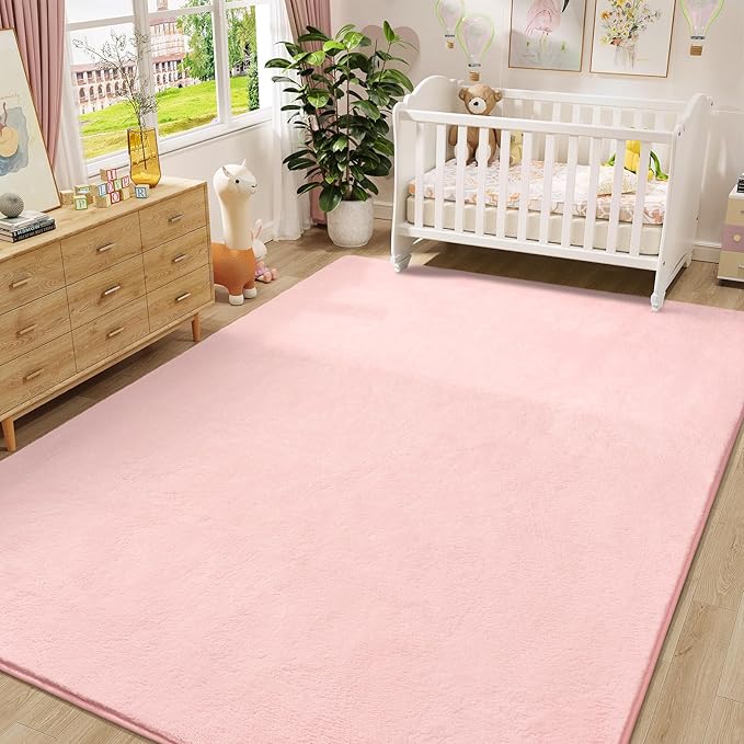 Amearea Modern Area Rugs for Bedroom Living Room, 4x6 Feet Pink Thickened Memory Foam Rug, Fluffy Indoor Washable Rugs Non Slip Minimalist Carpet for Kids Boys Girls Dorm Nursery Room Decor