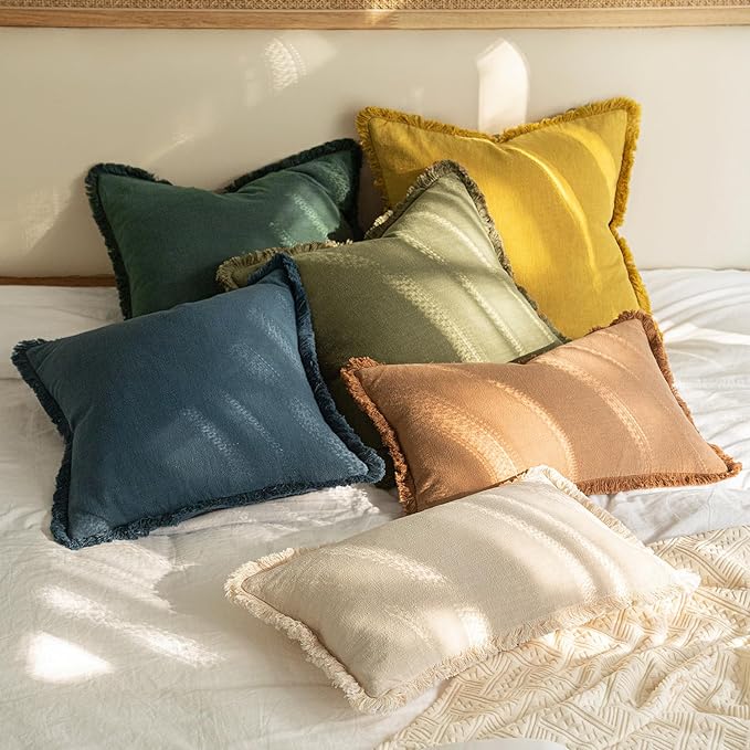 MIULEE Decorative Throw Pillow Covers Neutral Linen Fringe Throw Pillows Set of 2 Navy Blue Boho Farmhouse Cushion Covers with Tassels for Couch Sofa Bed Living Room Spring Home Decor 16x16 Inch