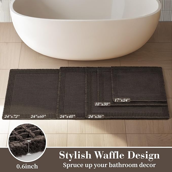 RESARE Waffle Bath Mat, Super Absorbent Non Slip, Machine Washable, Ultra Soft Boho Bath Rugs with Tassels, Upgraded Bordered Design, 17"x24" Chocolate Brown