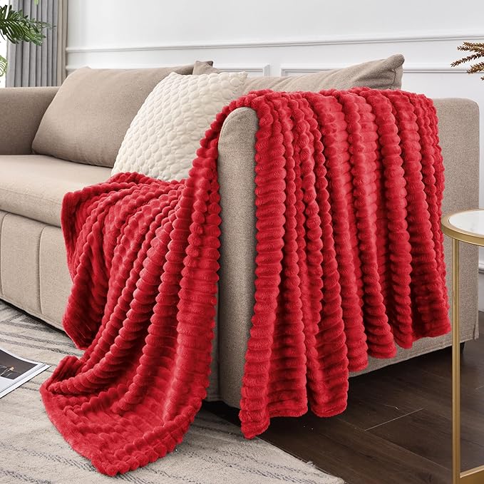 BEDELITE Fleece Blanket Twin Size – 3D Ribbed Jacquard Soft and Warm Decorative Fuzzy Blankets – Cozy, Fluffy, Plush Lightweight Throw Blankets for Couch, Bed, Sofa(Red, 60x80 inches)