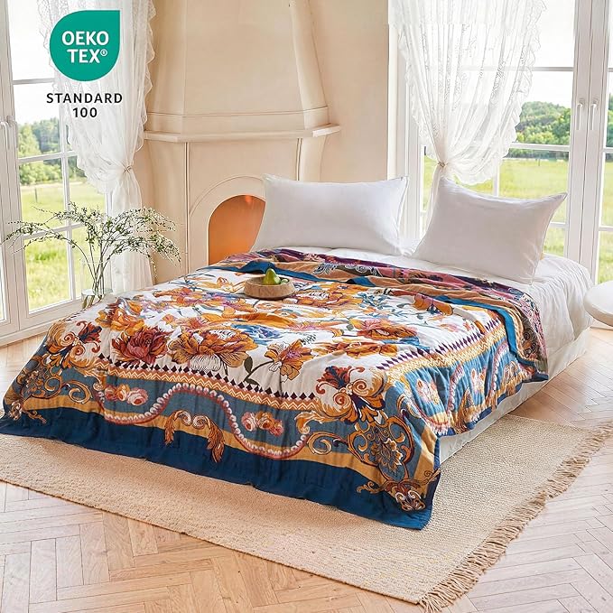 MSGKV Boho Throw Blanket 60"x80" Bed Floral 100% Cotton Blanket Spring Breathable Lightweight Twin Couch Blankets All Seasons Home Decor Muslin
