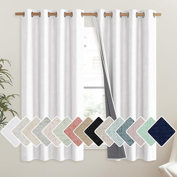 NICETOWN 100% Absolutely Blackout Linen Curtains with Thermal Insulated Liner, Greyish White, 52" Wide, 48" Length Energy Saving Curtains for Living Room 2 Panels Set, Vertical Blinds