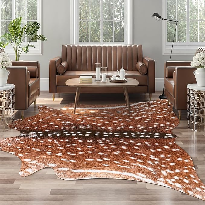 AROGAN Premium Deer Print Rug 5.2x6.2 Feet, Machine Washable Faux Fur Rug, Non-Slip Animal Print Hide Deer Skin Area Rug for Bedroom Living Room Home Decor