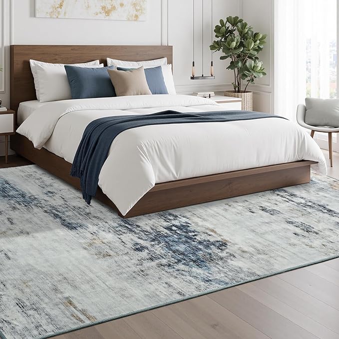 Toneed Abstract Area Rug 5x8 Modern Washable Rug Soft Non Slip Rug Low Pile for Bedroom Living Room Dining Room Blue/White