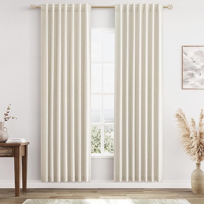 Guken 100% Blackout Linen Curtains 80 Inch Length 2 Panels Set for Living Room Bedroom Back Tab Thermal Insulated Black Out Drapes Room Darkening Farmhouse Window Curtains 80 Inches Long