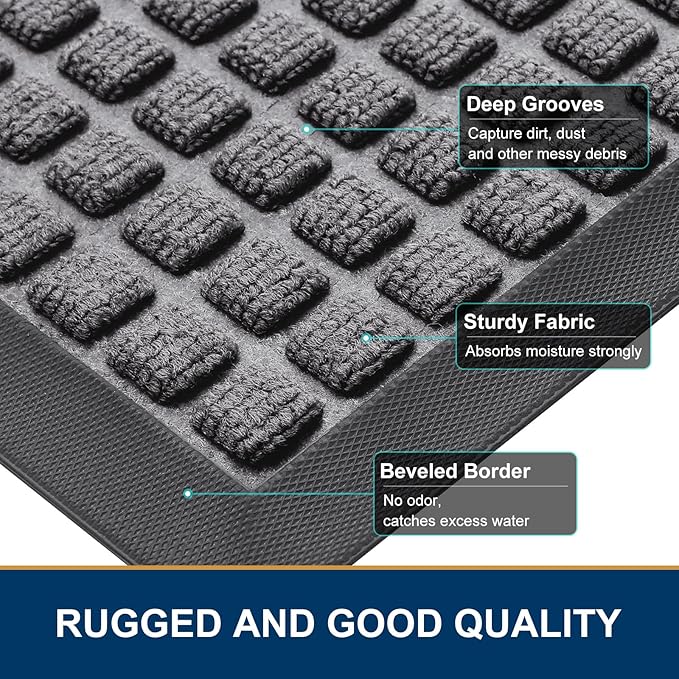Smiry Front Door Mat Outside Entrance, Heavy Duty Natural Rubber Doormat, Non Slip, Trap Dirt and Moisture, Easy Clean, Low Profile Welcome Floor Mats for Indoor Outdoor Entry, 29.5x17 Inch, Mix Grey