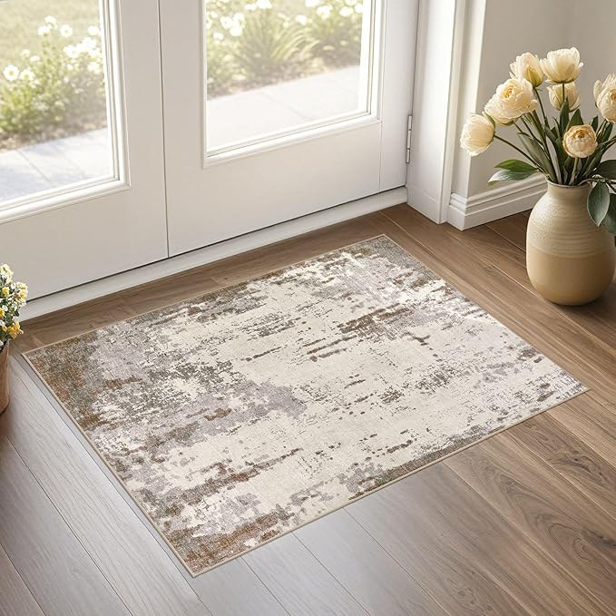 UERMEI 2x3 Entryway Area Rug: Washable Neutral Modern Abstract Small Rug - Non-Slip Low Pile Throw Indoor Carpet for Entrance Kitchen Front Door Mat Bathroom Entry Kids Room - Brown/Grey/Beige