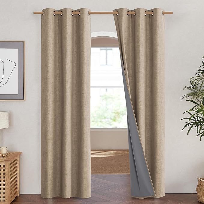 NICETOWN Burlap Vintage Open Linen Weave Flax Thermal Curtains, 100% Blackout Curtains 84" Long for Dining Room, Soundproof Window Treatment Drapes for Hall Room, 42" Wide Per Panel, Set of 2