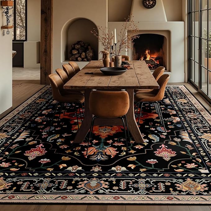 RELEANY Area Rugs 10'x12' Washable Non-Slip, Floral Vintage Distress Print Pattern Medallion Carpet for Living Room Bedroom Dining Room, Black Colorful Floral Dark Tan