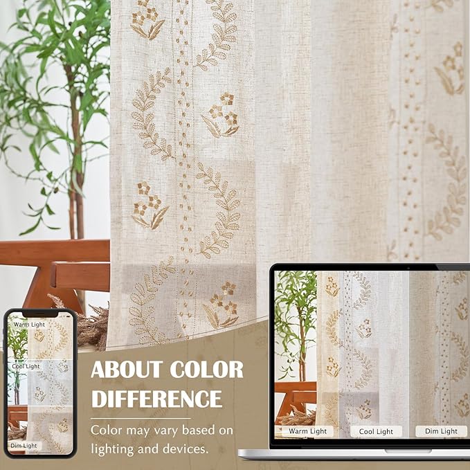 jinchan Belrose Linen Curtains for Bedroom Floral Curtains 96 Inch Length Linen Blend Beige Embroidered Drapes Farmhouse Flower Patterned Drapes for Living Room Window Treatments Set 2 Panels