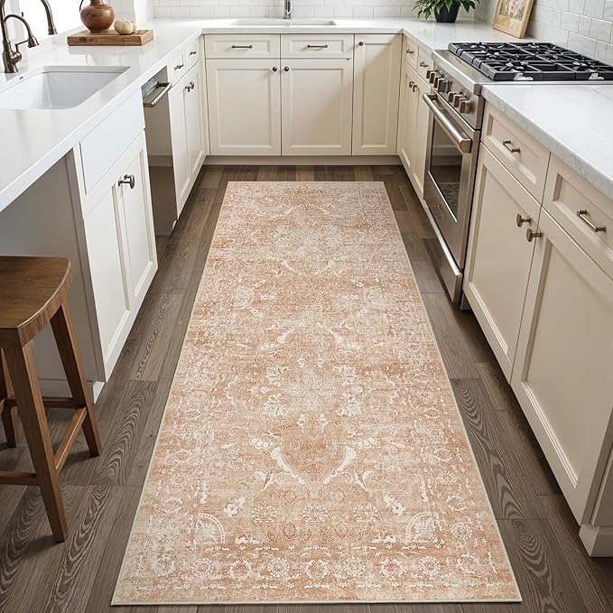 Hallway 2x6 Washable Runner - Vintage Non-Slip Long Rug for Entryway Low-Pile Washable Medallion Runner for Hallway Waterproof Traditional Runners Indoor Thin Rug for Kitchen (Brick)