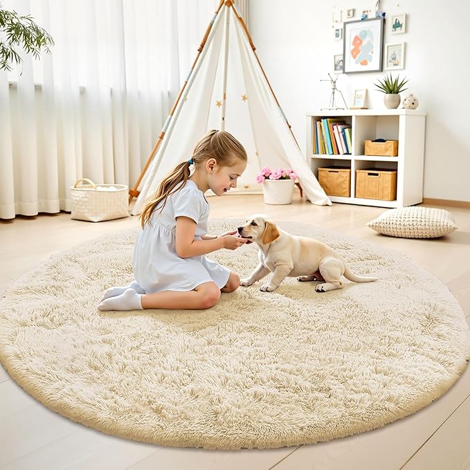 OLANLY Cream Round Rugs for Bedroom - Machine Washable, 5 ft Circle Area Rugs for Living Room, Soft and Fluffy Shaggy Carpet for Teen Girl and Boys, Nursery Rooms, Dorms, Home Decor Aesthetic