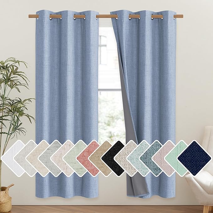 NICETOWN Stone Blue Vintage Linen 100% Blackout Curtains for Classroom, Thermal Insulated Curtains 72" Long, Noise Reducing Window Treatment Drapes for Gym Room, 42" Wide Per Panel, Set of 2
