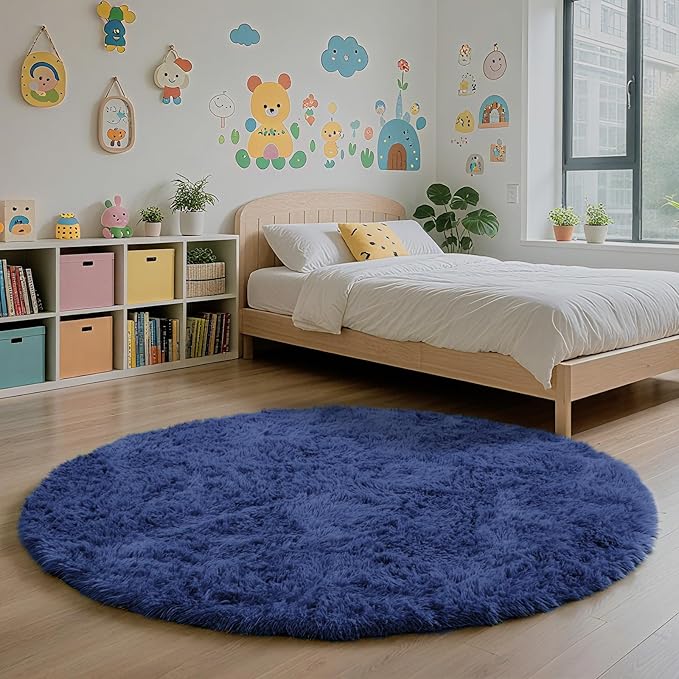 yulidayang Blue Fluffy Round Area Rugs for Living Room,6'X6'Shag Circle Area Rugs for Bedroom,Non Slip Fuzzy Plush Rug for Kids Room Boys Girls Room and Dorm Home Decor Rug
