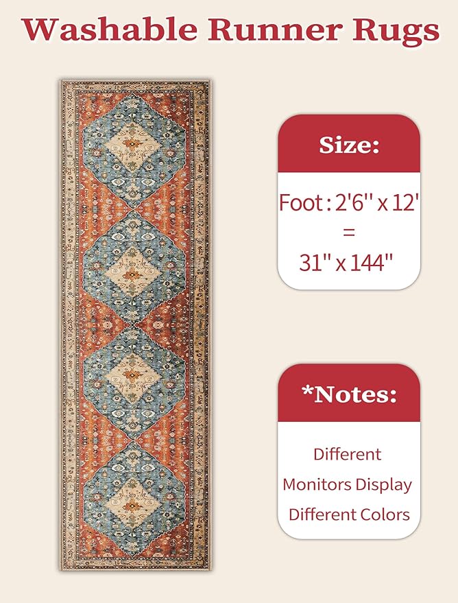 SERISSA Runner Rug for Hallways, 2'6"x12' Washable Non Slip Kitchen Runner Rug, Extra Long Boho Rug Ultra Soft Vintage Tribal Print Floor Carpet for Bedroom Hallway Entryway Bathroom Laundry Room