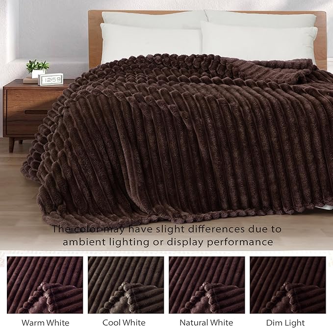 Exclusivo Mezcla Fleece Throw Blanket for Couch, Super Soft Striped Jacquard Bed Blanket, Lightweight Fuzzy Cozy for All Seasons, 50x60 Inches, Coffee