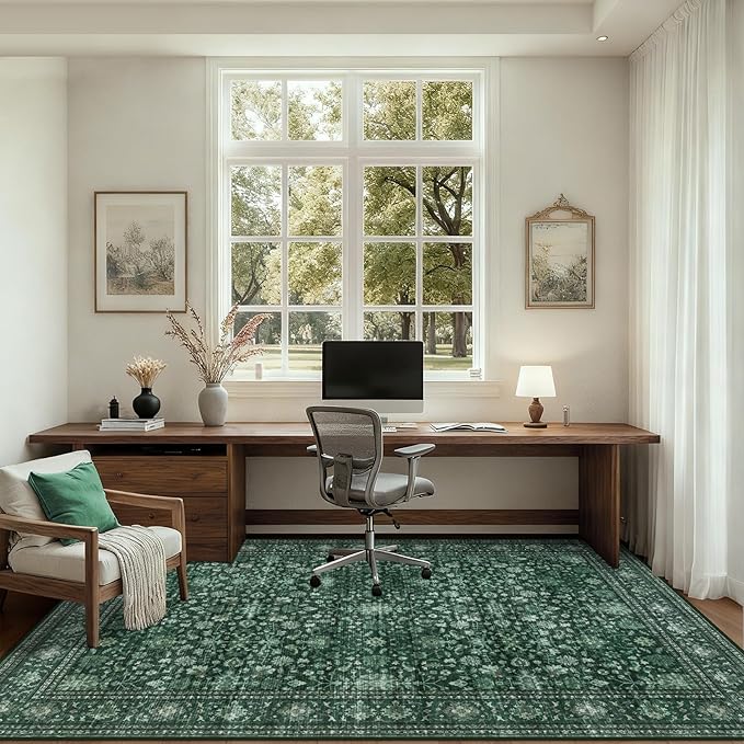 Area Rugs 10x12 Living Room Rug: Washable Rug Soft Vintage Distressed Floral Carpet Indoor Non-Slip Stain Resistant Large Carpets for Bedroom Dining Room Farmhouse Nursery Home Office Deep Green