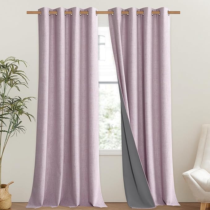 NICETOWN Pink Vintage Linen 100% Blackout Curtains for Living Room, Thermal Insulated Curtains 120" Long, Noise Reducing Window Treatment Drapes for Hall Room, 52" Wide Per Panel, Set of 2