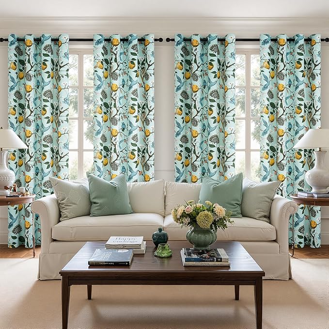 Topfinel 90 Inches Long Curtains Mint Green Whimsical Woodland Leaf Jungle Flower Hummingbird Victorian Grommet Thick Sage Green Curtains for Balcony Sliding Glass Office Bedroom Living Room
