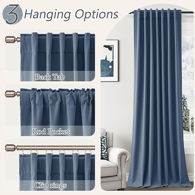 Guken 100% Blackout Curtains 84 Inch Length 2 Panels Set for Living Room Bedroom Back Tab Thermal Insulated Black Out Linen Drapes Room Darkening Window Curtains 84 Inches Long,Denim Blue