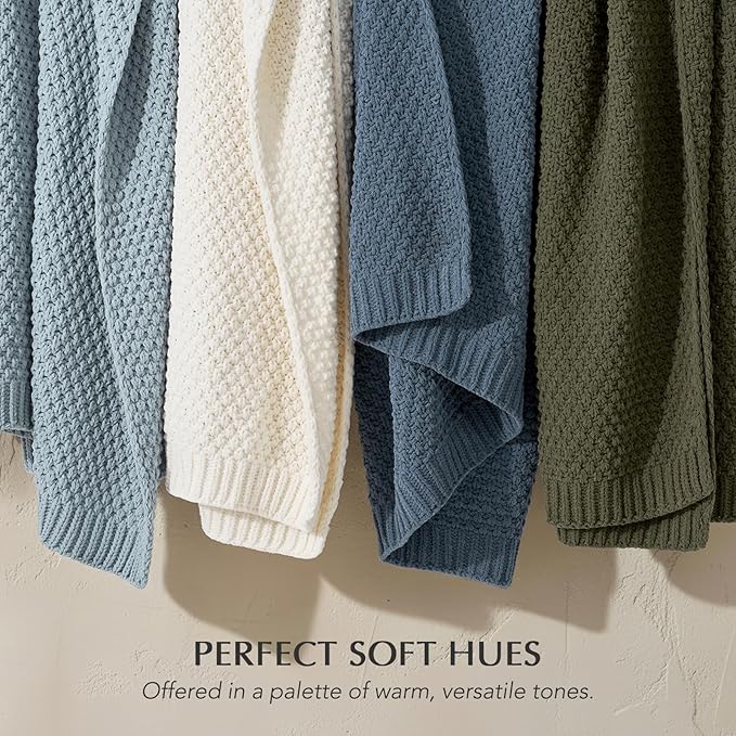 EVERGRACEHOME Chunky Chenille Knit Throw Blanket for Couch, Soft Luxurious Moss Stitch Blankets for Bed, Cozy Decorative Farmhouse Knitted Throws for Sofa, Chambray Blue, 60" x 80"