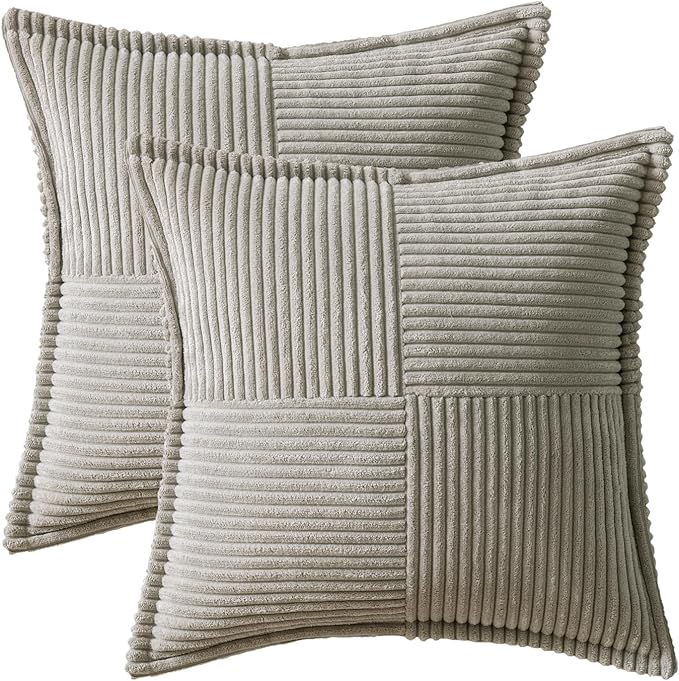 MIULEE Decorative Throw Pillow Covers for Couch Bed Livingroom 20x20 Inch Set of 2 Light Grey Boho Accent Throw Pllows Broadside Striped Patchwork Soft Corduroy Pillowcases