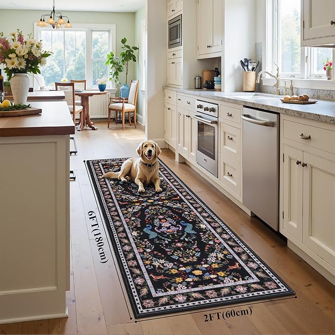 HEBE Washable Hallway Runner Rug 2'x 6' Non Slip Kitchen Rugs Runner,Low Pile Entryway Rug Laundry Room Mat Floral Carpet Runners for Hallways, Kitchen,Bathroom,Laundry,Bedside Rug