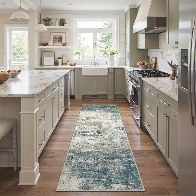 BEIMO Runner Rug for Hallway Kitchen, 2'6"x6' Machine Washable Runners Rug for Entryway, Soft Modern Abstract Throw Rugs, Low Pile Floor Cover with Non Slip Backing, Navy Beige