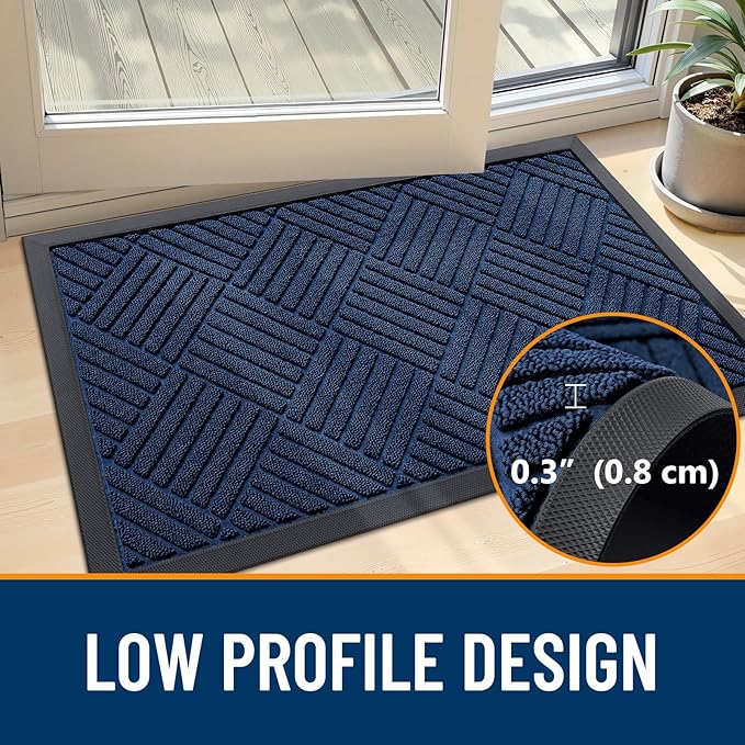 OLANLY Front Door Mat Outside Entrance 47x23, Absorbent, Heavy Duty Sturdy Natural Rubber Doormat Indoor Outdoor, Stain Fade Resistant, Non-Slip Low Profile Floor Mat for Entryway, Navy Blue Diamond