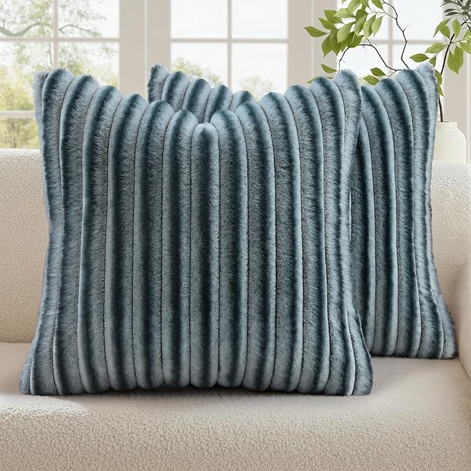 decorUhome Cozy Faux Fur Throw Pillow Covers 20x20 Set of 2 Decorative Soft Plush Striped Modern Farmhouse Boho Couch Pillow Cases with Velvet Back for Sofa Bed Living Room, Blue Grey