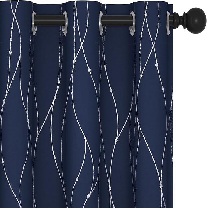 Deconovo Short Kitchen Curtains, Navy Blue Blakcout Curtain 42 x 45 Inch, Thermal Insulated Soundproof Drapes with Silver Wave Dots Prit, Grommet Top, Machine Washable for Nursery Bedroom Living Room