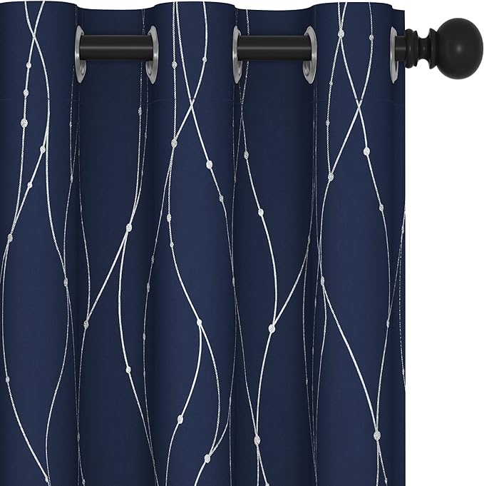 Deconovo Navy Blue Curtains, Blackout Curtain for Bedroom, 38 x 72 Inch, Thermal Insulated Soundproof Privacy Drapes with Silver Wave Dots Pattern, Grommet Top, Machine Washable Panel for Living Room