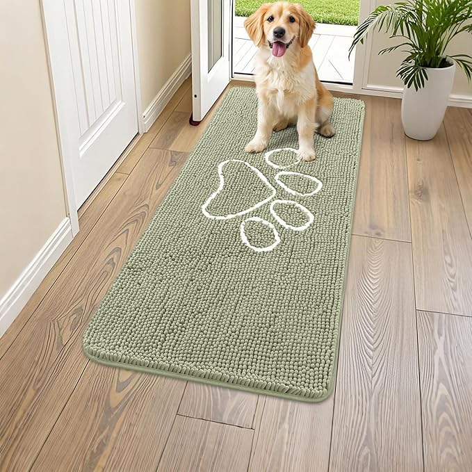 Smiry Dog Door Mat for Muddy Paws, Absorbent Dirt Trapper Non Slip Quick Dry Washable Chenille Mat for Mud Dogs, Entry Rug for Indoor and Outdoor (47x24 Inches, Sage Green and White)