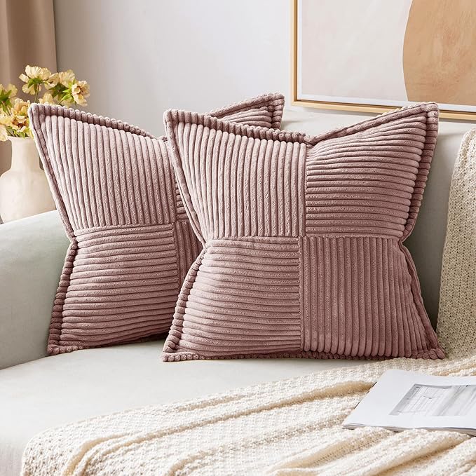 MIULEE Spring Decorative Throw Pillow Covers for Couch Bed Livingroom 18x18 Inch Set of 2 Blush Pink Boho Accent Throw Pllows Broadside Striped Patchwork Soft Corduroy Pillowcases Valentine Decor