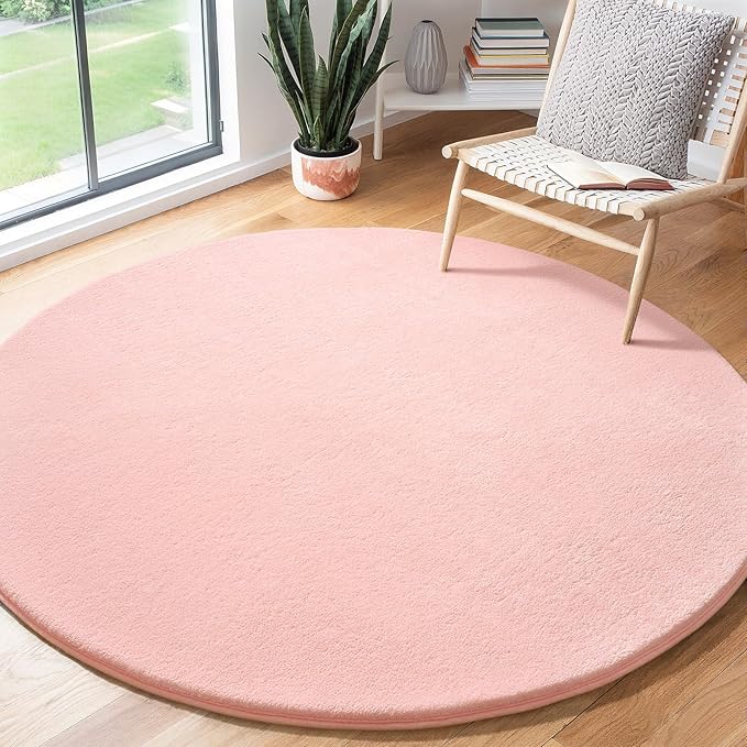 Amearea Pink Round Area Rugs 5ft Washable Circle Rugs for Bedroom Living Room, Fluffy Indoor Thickened Memory Foam Rug, Non Slip Minimalist Circular Carpet for Kids Boys Girls Dorm Nursery Room Decor