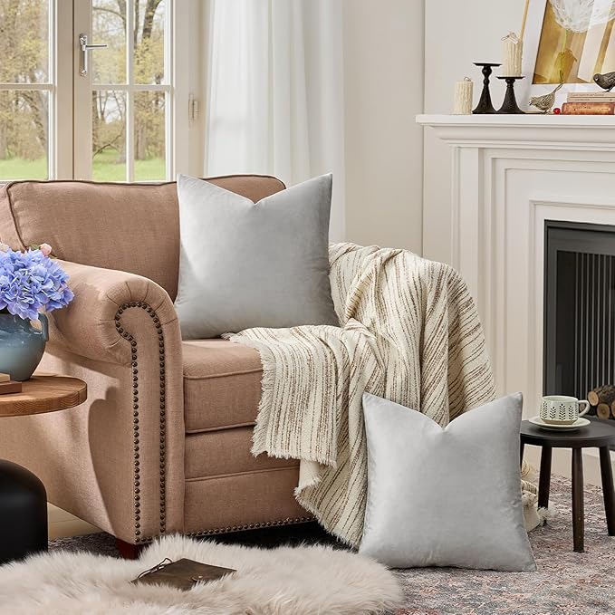GIGIZAZA Big Velvet 24x24 Pillow Covers Silver Grey Pack of 2 Square Modern Throw Pillows Luxury Covers Decorative Pillows for Living Room Couch Sofa Pillow Cases