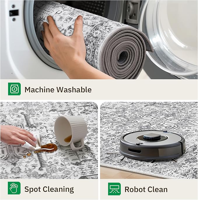 Hallway Washable Runner Rug 2x12 - Non Slip Vintage Kitchen Runner Rugs for Entryway Low-Pile Waterproof Long Runners for Living Room Bedroom Medallion Indoor Floor Mat for Bathroom Laundry Grey