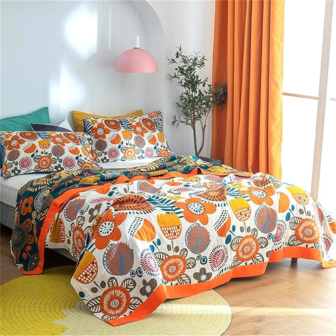 MSGKV Cotton Throw Blanket for Couch Bed 90''x98'', Floral Soft Farmhouse Blanket Spring Decorative Quilt Gifts for Women Muslin